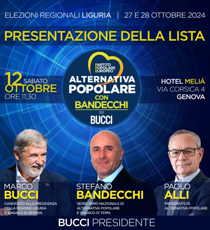 Liguria, il 12 ottobre Bandecchi e Alli in conferenza stampa con Bucci